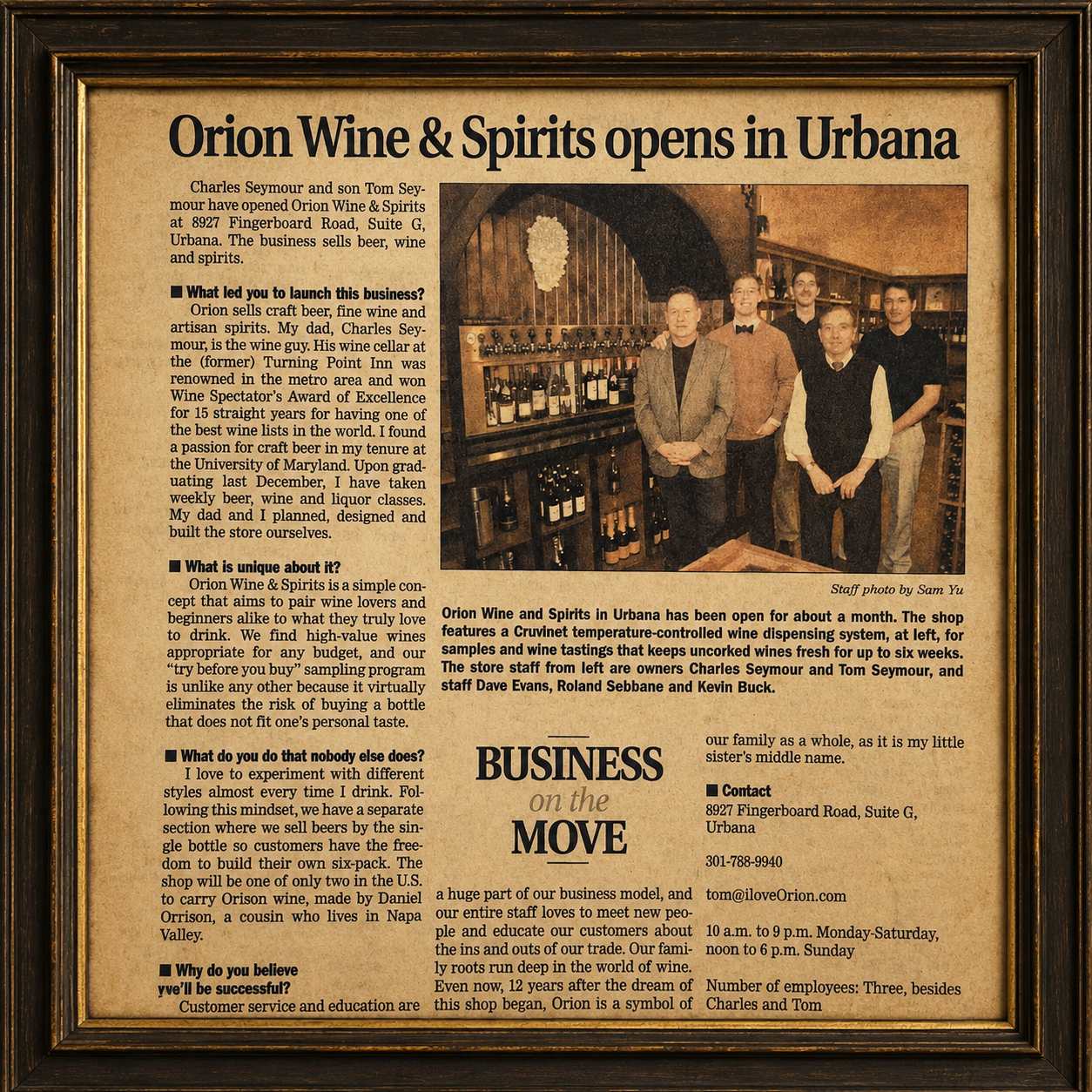Original 2014 newspaper feature announcing the opening of Orion Wine & Spirits in Urbana