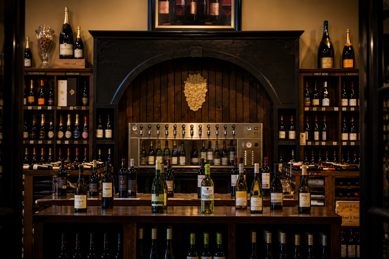 Interior of Orion Wine & Spirits: warm wood shelving, champagne displays, and a wine preservation tap system