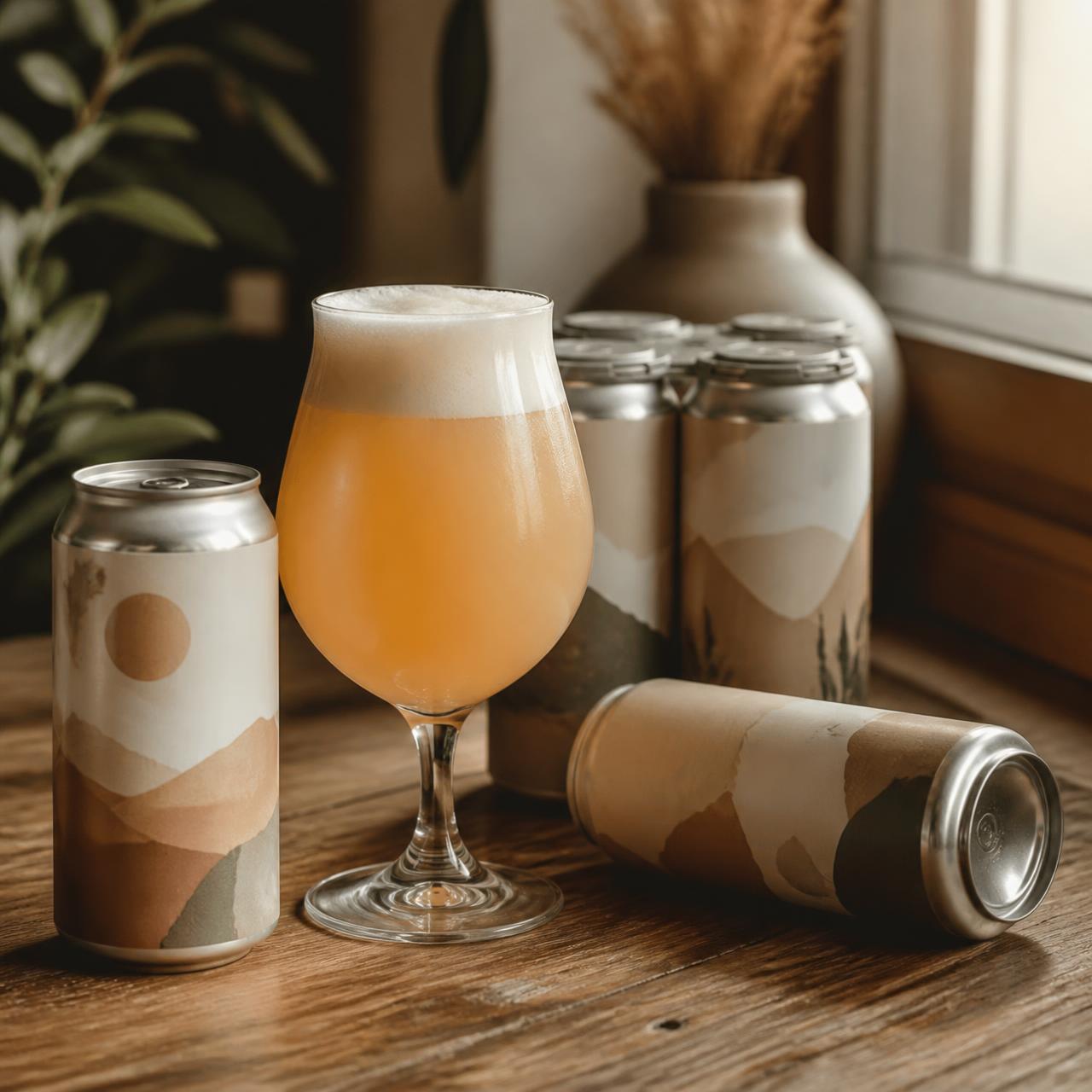 Craft beer cans beside a poured hazy IPA on a warm wood table