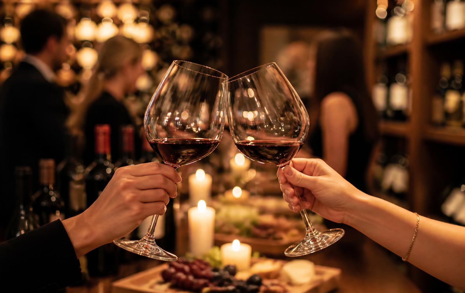 Two guests toasting glasses of red wine at a candlelit in-store tasting