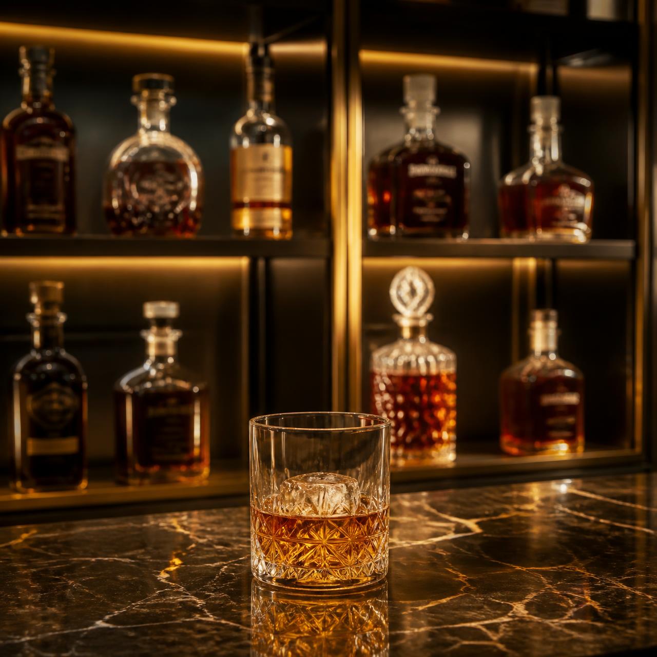 Backlit shelf of rare whiskey bottles with a crystal tumbler of bourbon