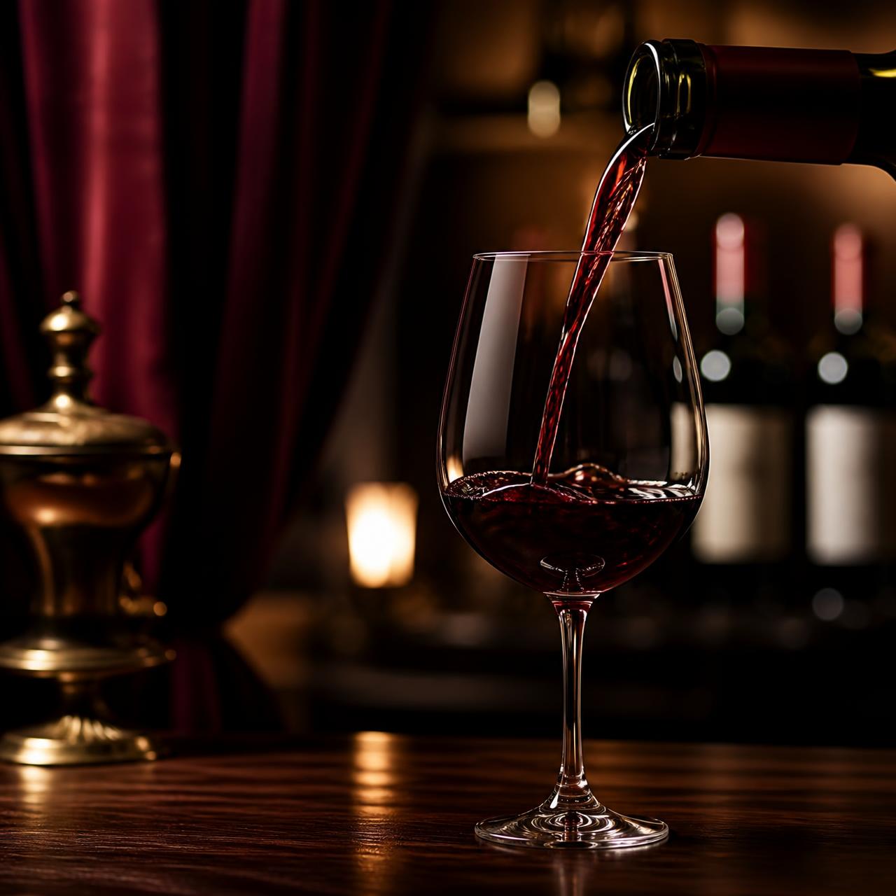 Red wine poured into a glass on a dark walnut counter